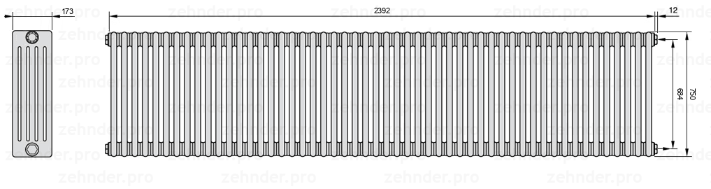 Схема (чертеж) Радиатор Zehnder Charleston 5075/52 №7610 Белый глянцевый RAL 9016